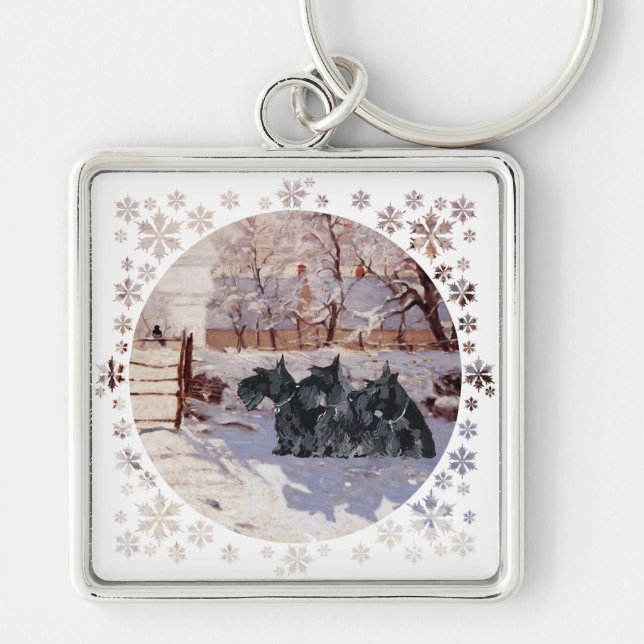 Scottish Terriers Winter Magpie Key Ring (Front)
