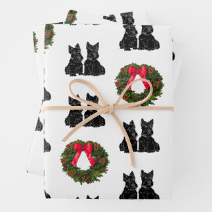Scottish Terriers with Christmas Wreath Wrapping Paper Sheet