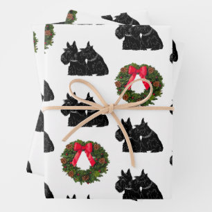 Scottish Terriers with Christmas Wreath Wrapping Paper Sheet