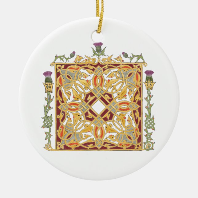 Scottish Thistle and Crown Red & Gold Celtic Knot Ceramic Tree Decoration (Front)