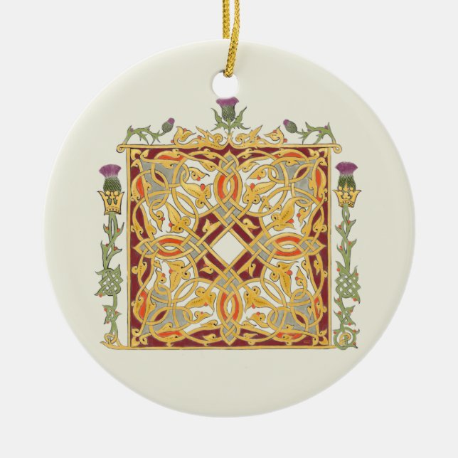 Scottish Thistle and Crown Red & Gold Celtic Knot Ceramic Tree Decoration (Front)