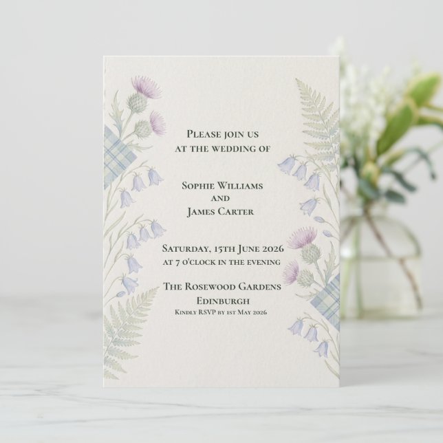 Scottish Thistle Bluebell Fern Floral Wedding Invitation (Standing Front)