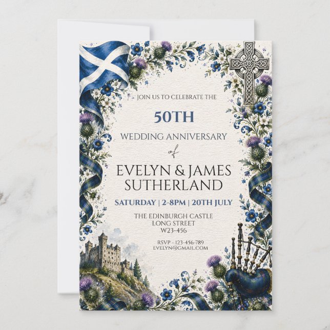 Scottish Thistle Celtic Cross Bagpipe Castle Deer Invitation (Front)