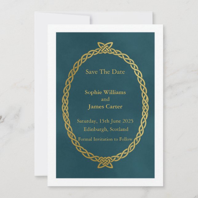 Scottish Thistle Deep Teal Gold Celtic Knotwork Sa Save The Date (Front)