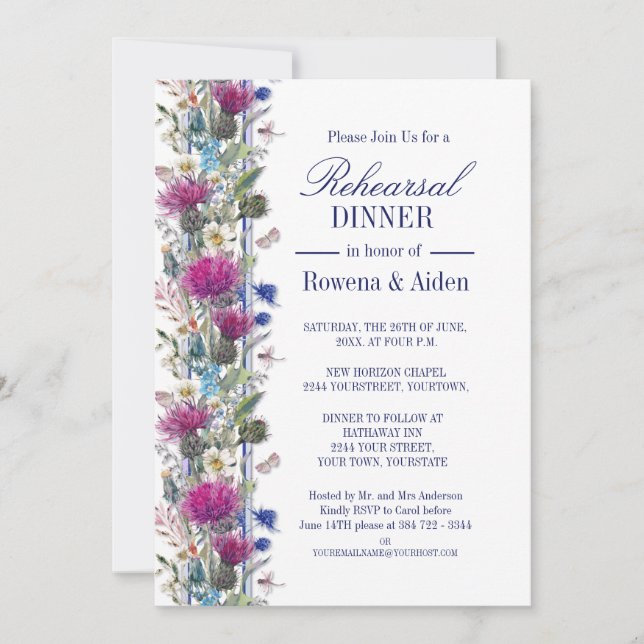 Scottish Thistle Floral Wedding Rehearsal Dinner Invitation (Front)