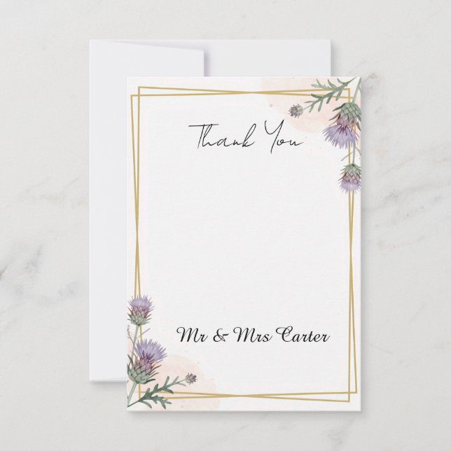 Scottish Thistle Gold Border Wedding Thank You Card (Front)