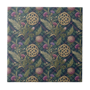 Scottish Thistle & Gold Celtic Knot Design Pattern Tile