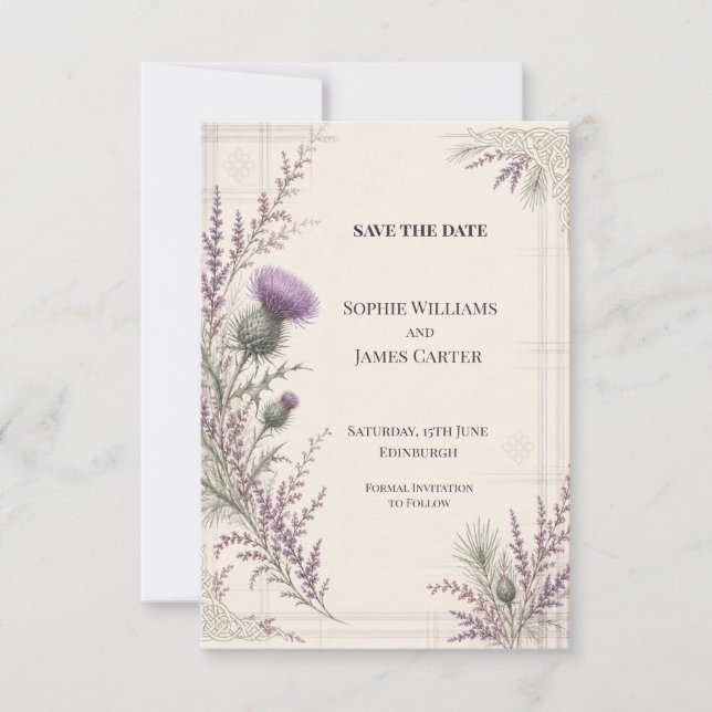 Scottish Thistle Heather Tartan Wedding Save The Date (Front)