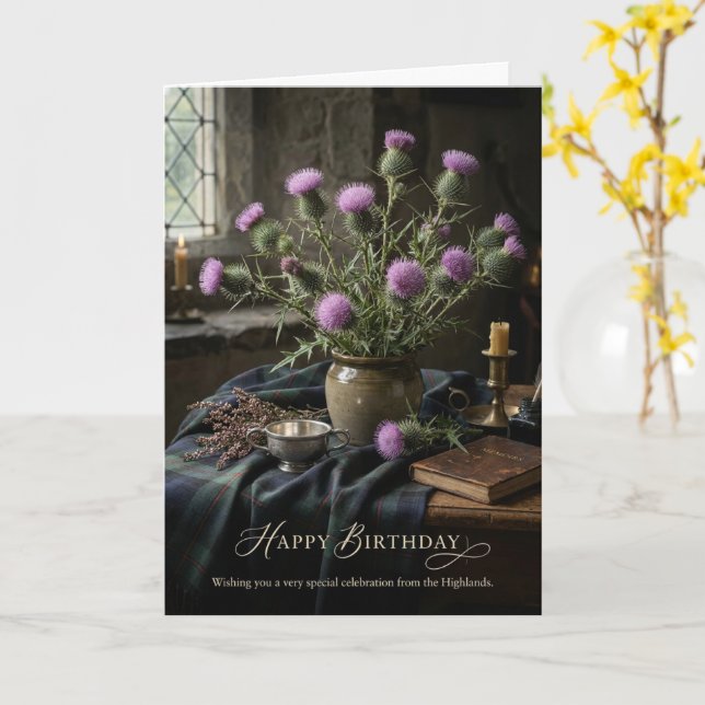 Scottish Thistle Highland Happy Birthday Card (Yellow Flower)
