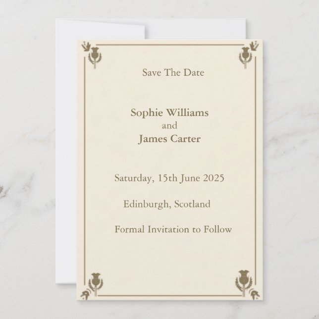 Scottish Thistle Ivory Cream Sage Green Botanical  Save The Date (Front)