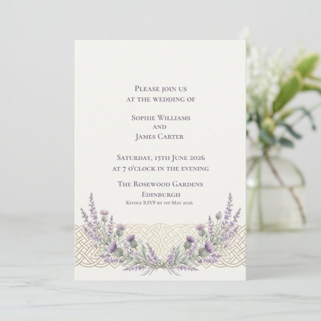 Scottish Thistle Lavender Celtic Knot Wedding Invitation (Standing Front)