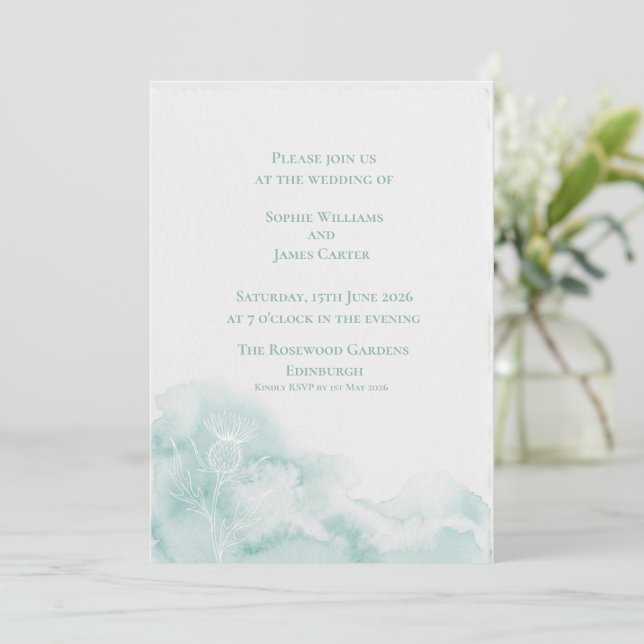 Scottish Thistle Mint Green Silhouette Wedding Invitation (Standing Front)
