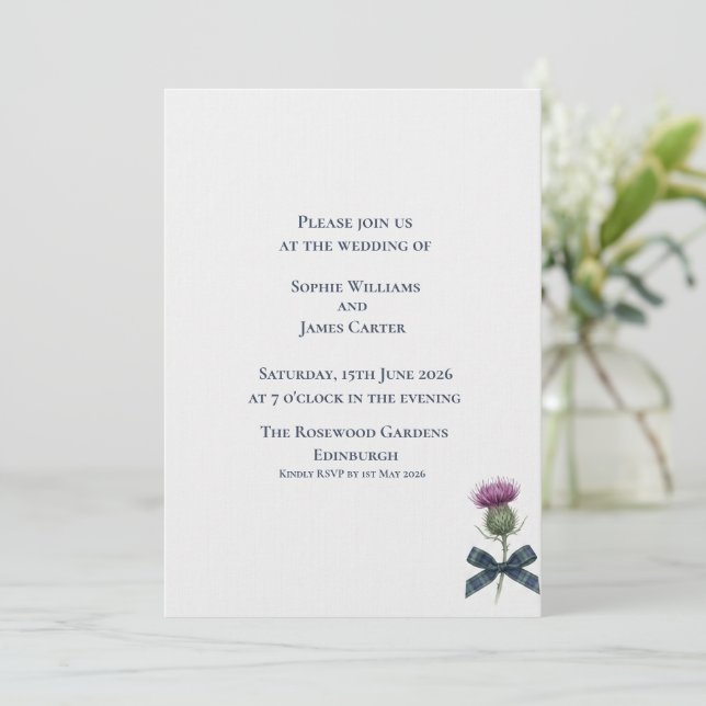 Scottish Thistle Navy Ribbon Minimal Wedding Invitation (Standing Front)