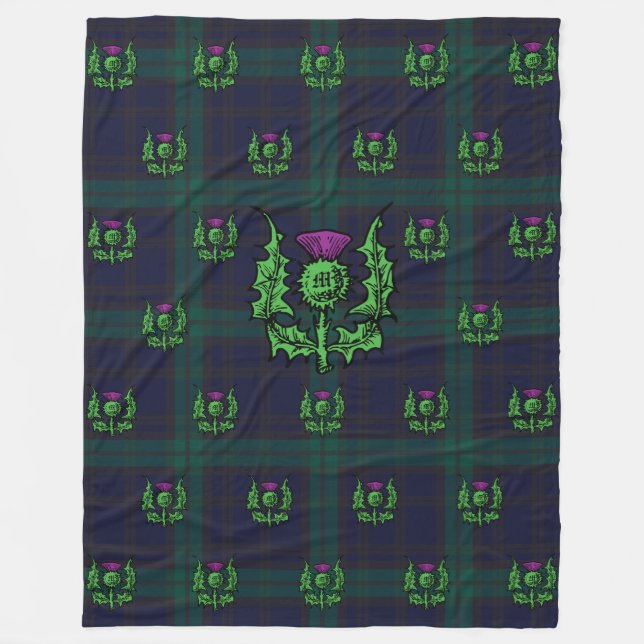 Scottish Thistle on Dark Tartan Custom Monogram Fleece Blanket (Front)
