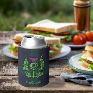 Scottish Thistle on Dark Tartan Custom Name Can Cooler