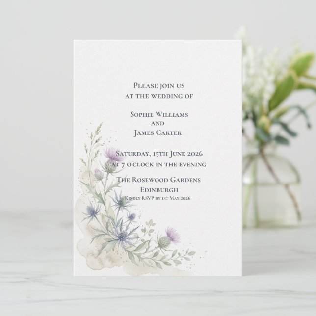 Scottish Thistle Sea Holly Wildflower Wedding Invitation (Standing Front)