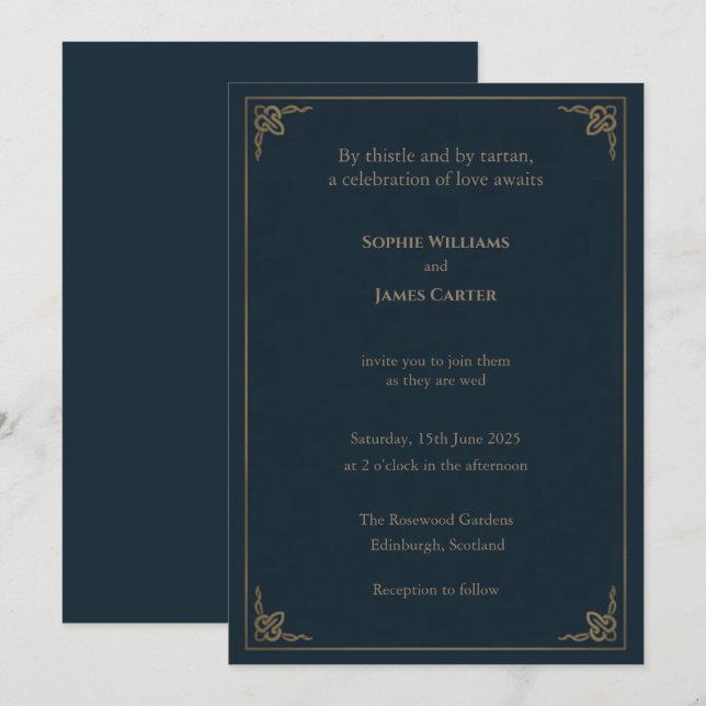 Scottish Thistle Tartan Navy Gold Corner Frame Wed Invitation (Front/Back)