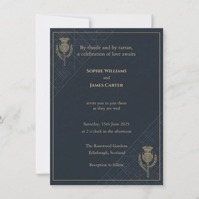 Scottish Thistle Tartan Navy Gold Wedding Invitati Invitation (Front)