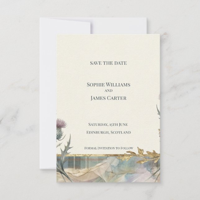 Scottish Thistle Tartan Save the Date Card (Front)