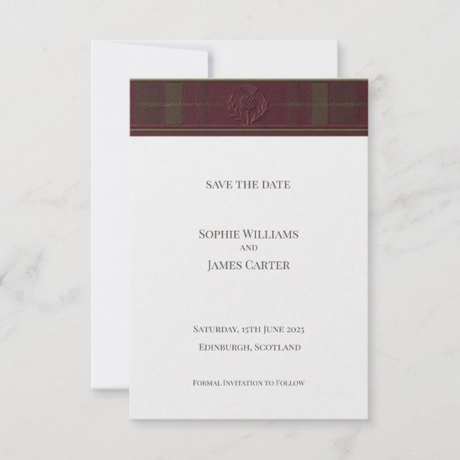 Scottish Thistle Tartan Save the Date | Gold Emble (Front)