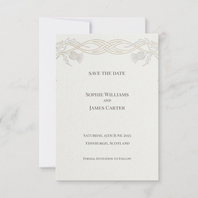 Scottish Thistle Tartan Save the Date | Gold Emble (Front)