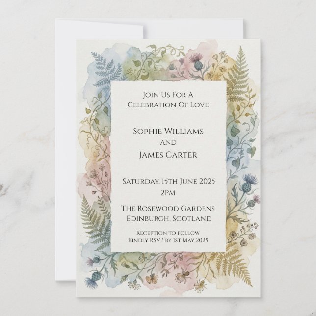Scottish Thistle Watercolor Botanical Wedding Invitation (Front)