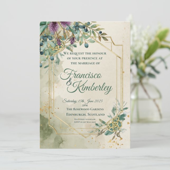Scottish Thistle Watercolour Gold Frame Wedding Invitation (Standing Front)