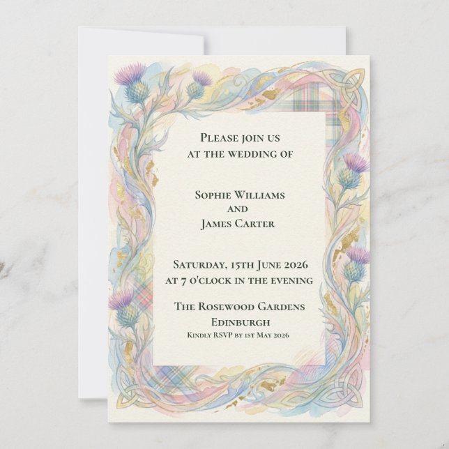 Scottish Thistle Watercolour Wedding Invitation (Front)