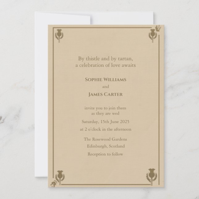 Scottish Thistle Wedding Invitation | Elegant Beig (Front)