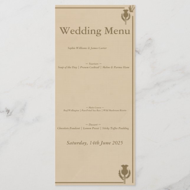 Scottish Thistle Wedding Menu Card | Elegant 4x9 F (Front)