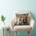Scottish Wedding Highland Cows Cushion<br><div class="desc">Highland cows wearing a stunning white wedding gown and classic tuxedo in a picturesque country pasture</div>