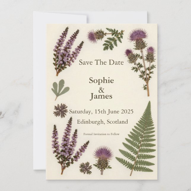 Scottish Wildflower Heather Thistle Fern Save the  Date (Front)