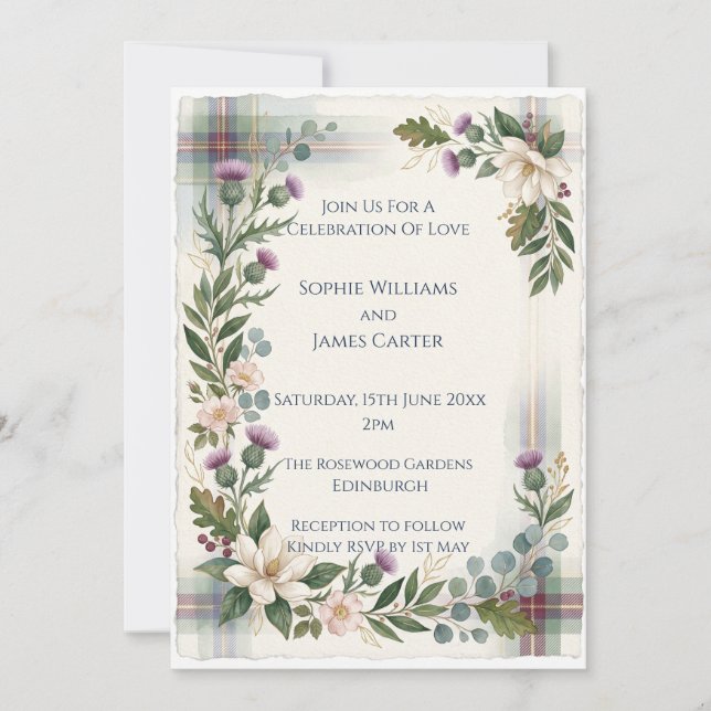 Scottish Wildflower Thistle Rose Wedding Invitation (Front)