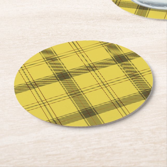 Scottish Yellow Tartan Round Paper Coaster (Angled)