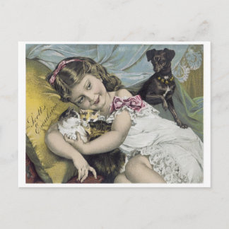 Scotts Emulsion Little Girl with Dog and Cat Postcard