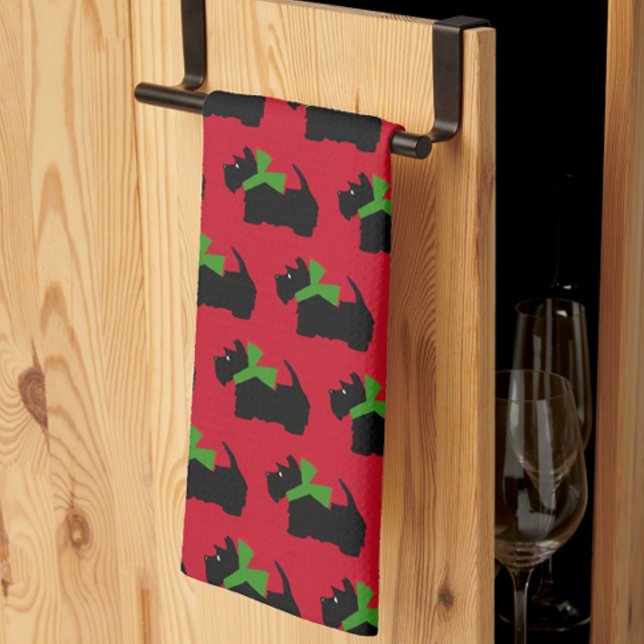 Scotty Dog and Tartan Merry Christmas Tea Towel (This Scottish terrier holiday kitchen towel makes a great stocking stuffer gift!)