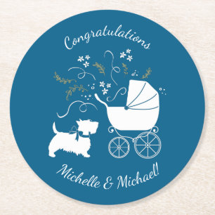 Scotty Dog Baby Shower Puppy Scottish Terrier Blue Round Paper Coaster