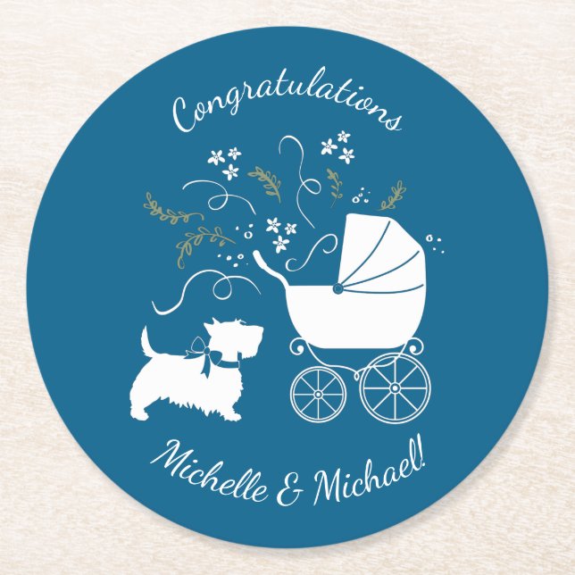 Scotty Dog Baby Shower Puppy Scottish Terrier Blue Round Paper Coaster (Front)