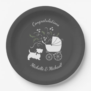 Scotty Dog Baby Shower Puppy Scottish Terrier Gray Paper Plate