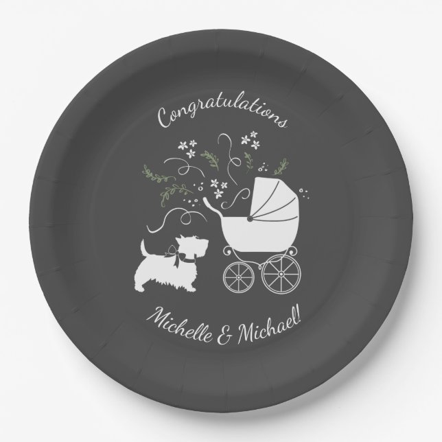 Scotty Dog Baby Shower Puppy Scottish Terrier Gray Paper Plate (Front)