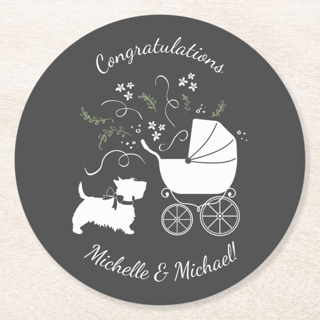 Scotty Dog Baby Shower Round Paper Coaster (Front)