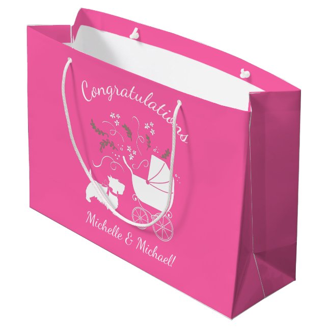 Scotty Dog Baby Shower Scottish Terrier Pink Large Gift Bag (Back Angled)