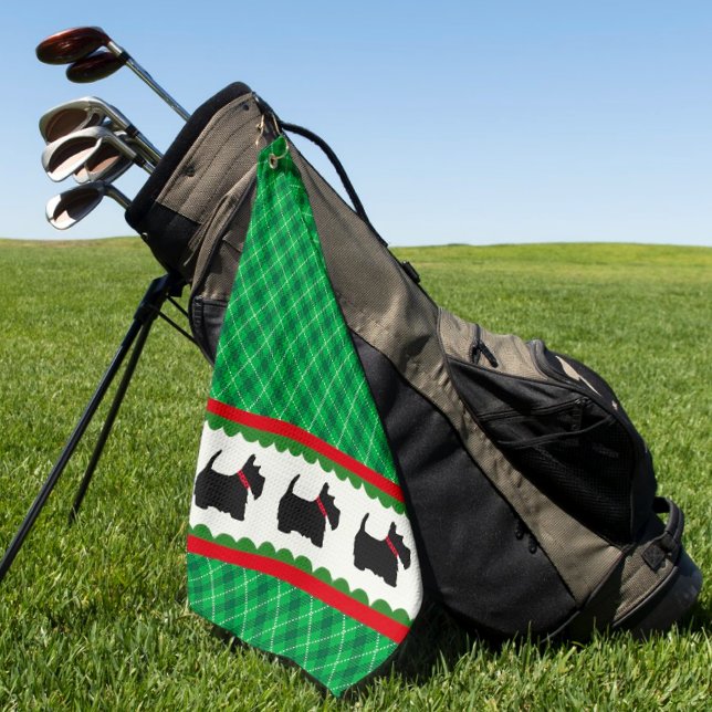 Scotty Dog Green Plaid Tartan  Golf Towel (So cute! Green plaid, Scottish Terriers, red and green scalloped trim.)