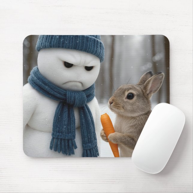 Scowling Snowman With a Bunny Mouse Pad (With Mouse)