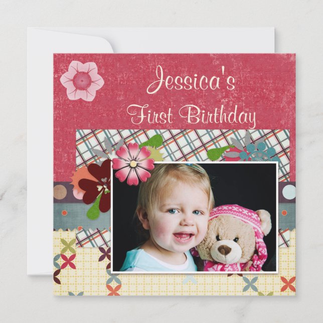 Scrapbook Style Girls' 1st Birthday Photo Invitation (Front)