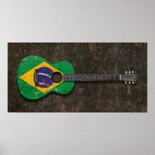 Scratched and Worn Brazilian Flag Acoustic Guitar Poster