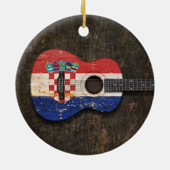 Scratched and Worn Croatian Flag Acoustic Guitar Ceramic Tree Decoration (Back)