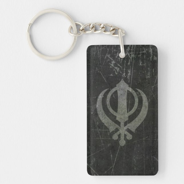 Scratched and Worn Grey Sikh Khanda Symbol Key Ring (Front)