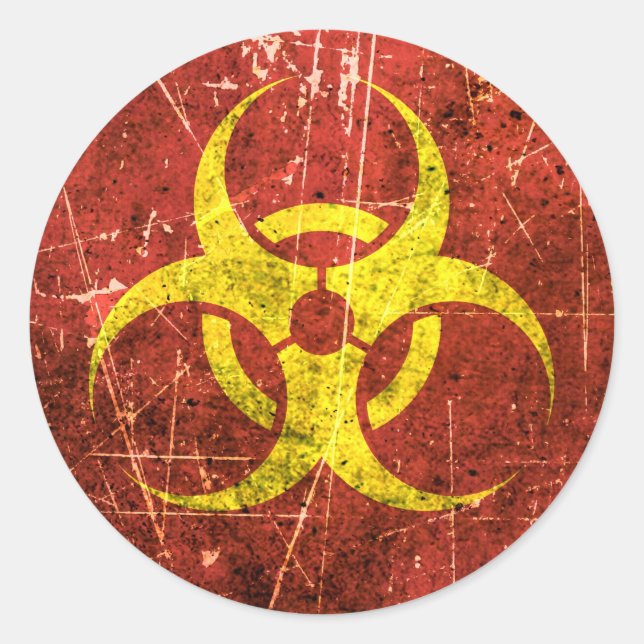 Scratched and Worn Yellow and Red Biohazard Symbol Classic Round Sticker (Front)