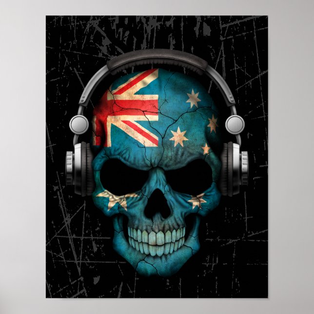 Scratched Australian Dj Skull with Headphones Poster (Front)